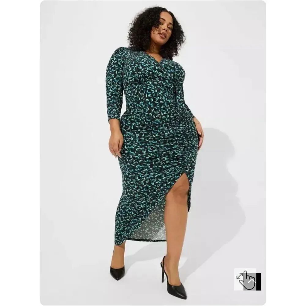 Torrid Black Teal Green Maxi Studio Hi-Low Side Ruched Midi Dress sz 26 NWT